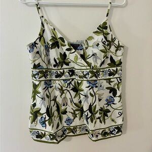 Ann Taylor White Camisole with Green and Blue Floral Design